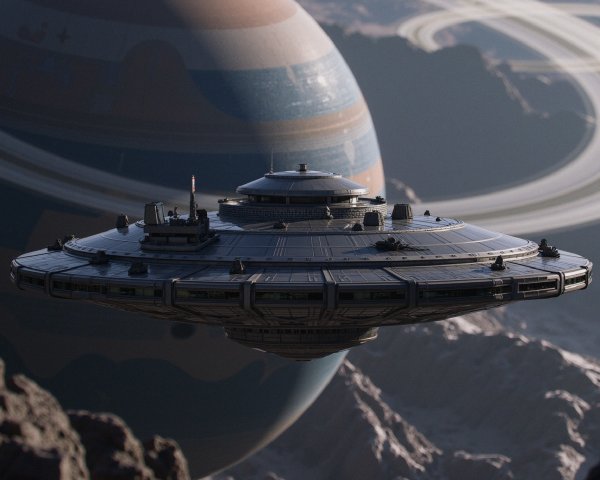 Futuristic Spacecraft Above Rocky Landscape with Saturn