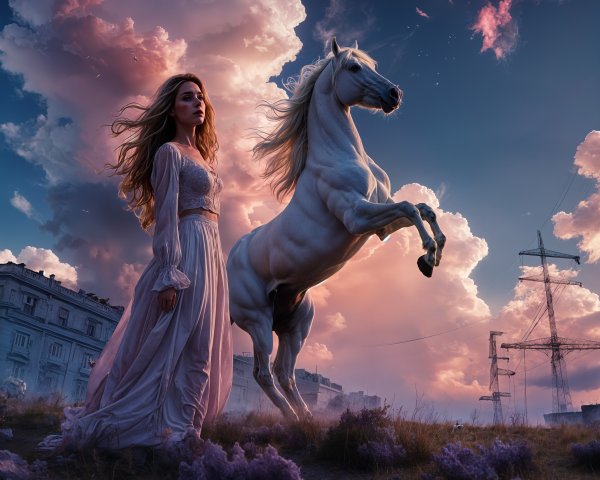 Mystical Scene of Woman and White Horse at Sunset