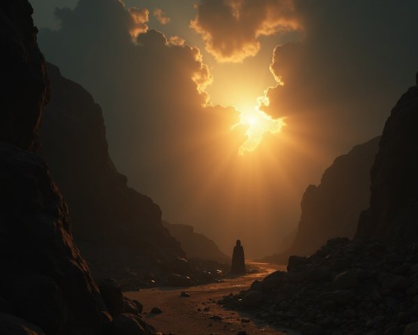 Lone Figure in Canyon at Sunset with Dramatic Clouds
