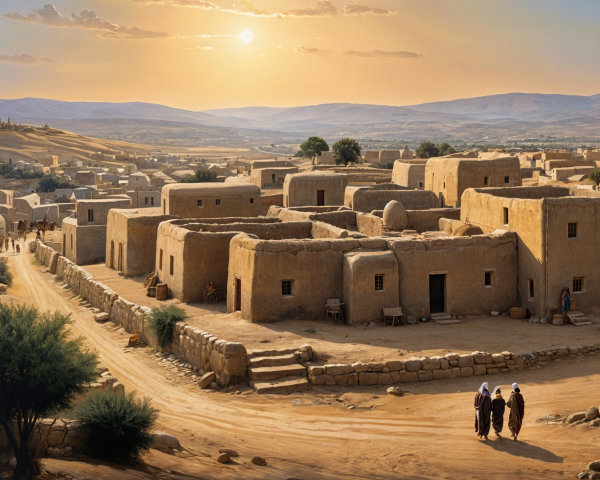 Historic village with adobe houses at sunset