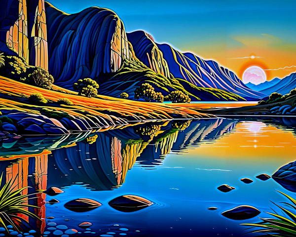 Majestic Mountains Reflected in a Serene Sunset River