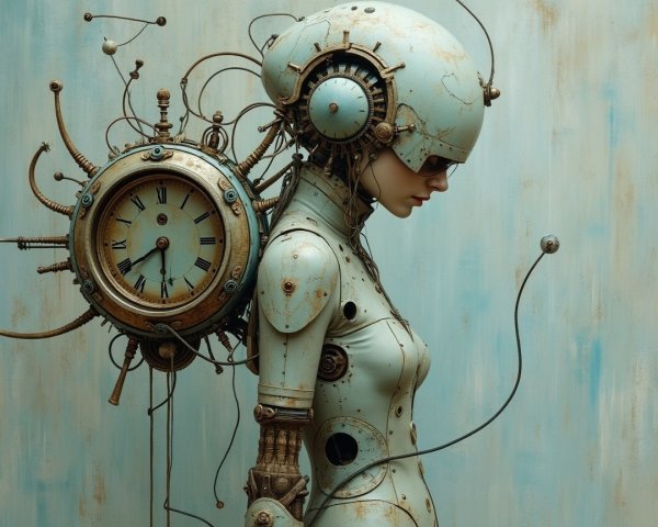Futuristic humanoid robot with steampunk design elements