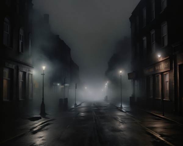Desolate foggy street with vintage street lamps
