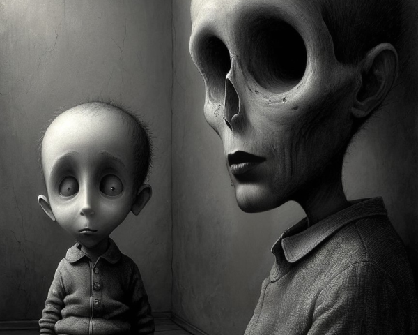 Child and Skeletal Figure in Stark Room Setting