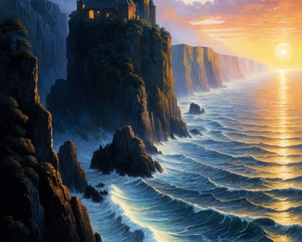 Castle on Cliff with Sunset and Ocean View
