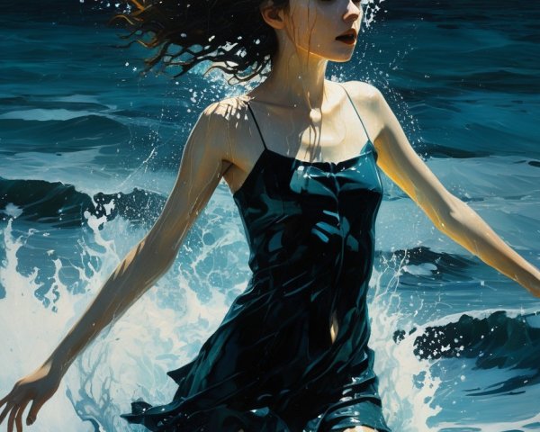 Young woman in ocean with flowing hair and green dress