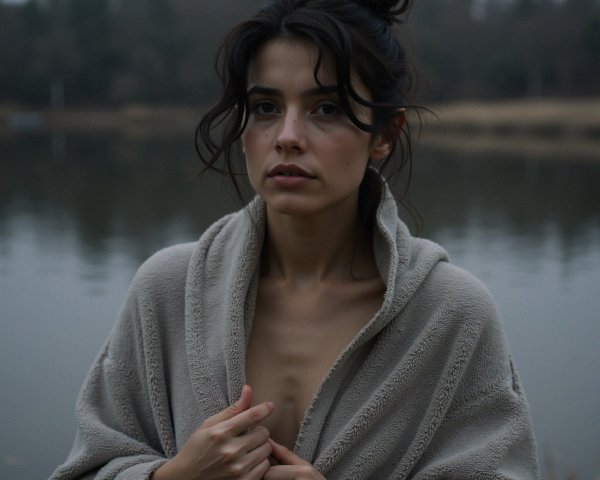 Young Woman in Robe by Calm Lake in Misty Landscape