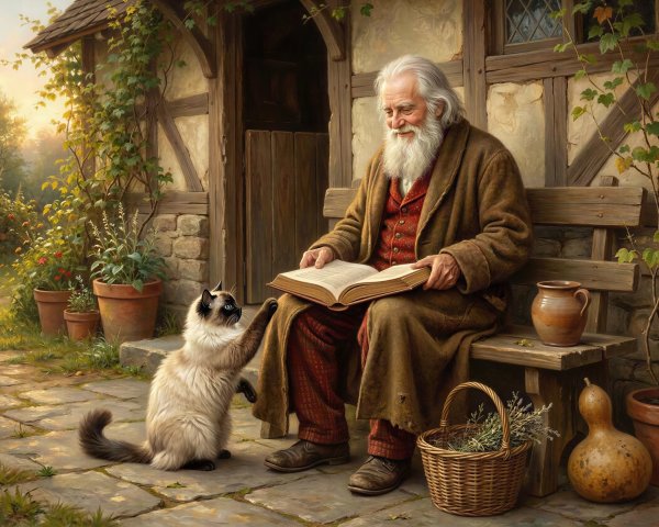 Old man reading outside a stone cottage with cat
