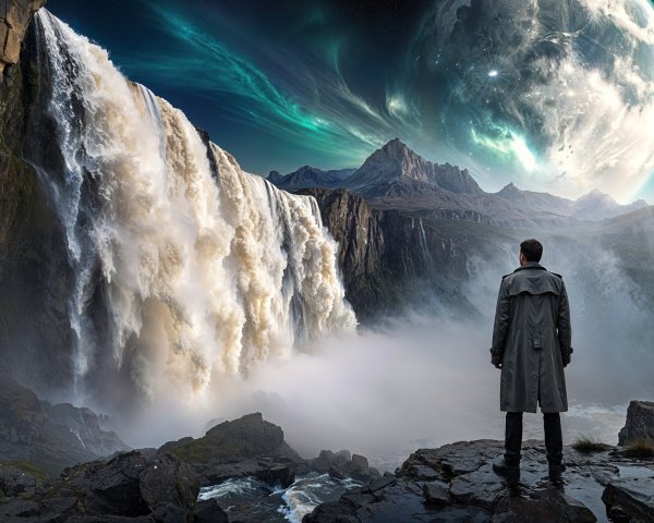 Person in Grey Trench Coat Overlooking Sci-Fi Landscape