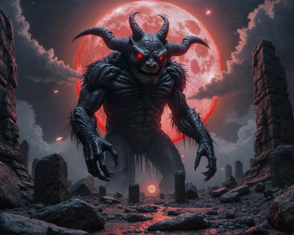 Demon with Red Eyes in Ominous Landscape Scene