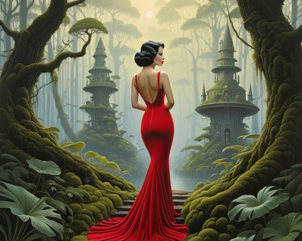 Mysterious Woman in Red Gown in Enchanted Landscape