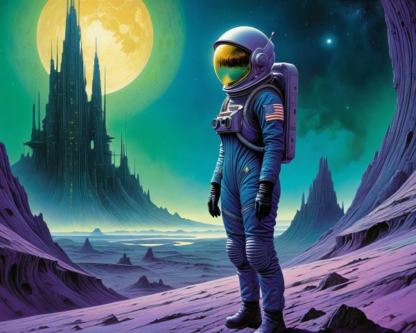 Surreal Astronaut on Alien Landscape with Castle and Moon