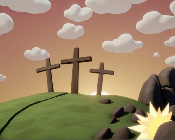 Serene Landscape with Wooden Crosses on Green Hill