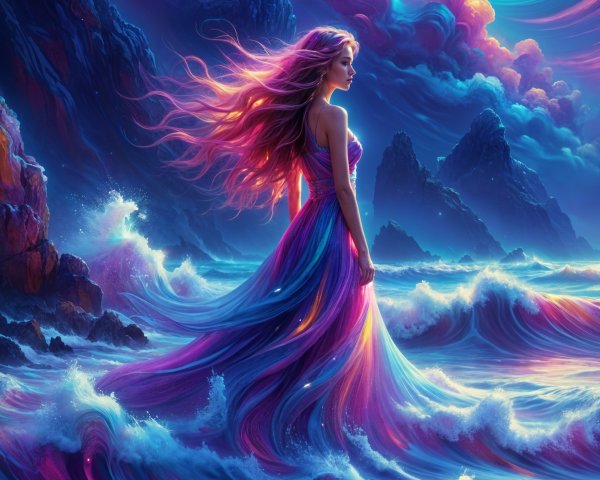 Mystical Shore Scene with Young Woman in Colorful Dress