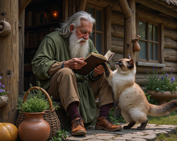 Elderly Man Reading Outside Rustic Home with Cat