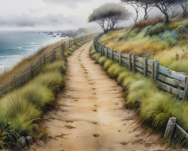 Serene Landscape with Winding Path and Ocean View