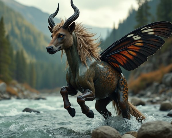 Fantastical creature with goat and butterfly features