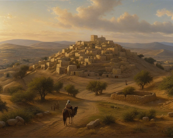 Hilltop Village at Sunset with Rustic Structures