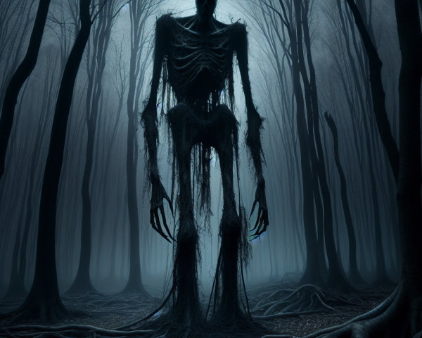 Eerie Forest with Towering Skeletal Figure and Mist
