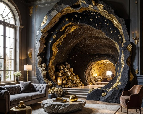 Luxurious Cave-Inspired Interior with Gold Accents
