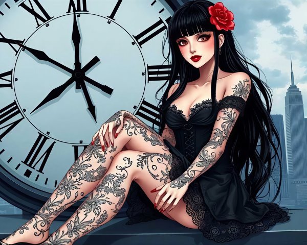 Anime Character on Rooftop with Clock and Tattoos