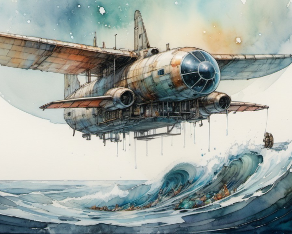Fantastical aircraft above turbulent ocean waves