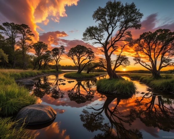 Tranquil River at Sunset with Lush Landscape Details