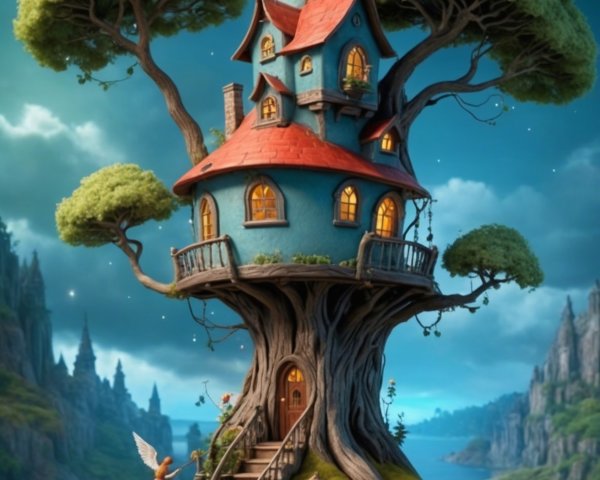 Whimsical Treehouse with Vibrant Colors and Scenic Views