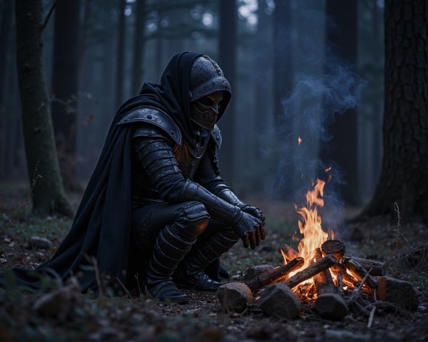 Armored Figure by Campfire in Misty Forest Setting