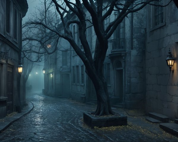 Misty Street Scene with Cobblestone Paths and Fog
