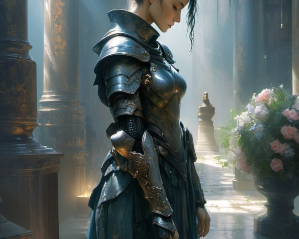 Woman in ornate armor in an ancient, lit hall