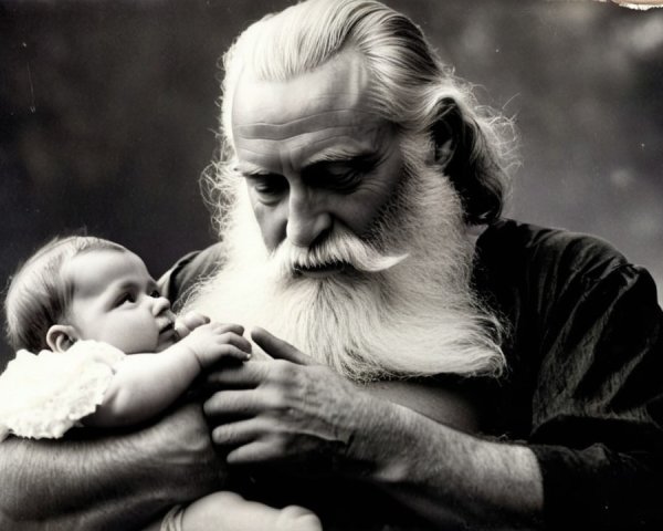 Elderly Man and Baby in Tender Black and White Photo