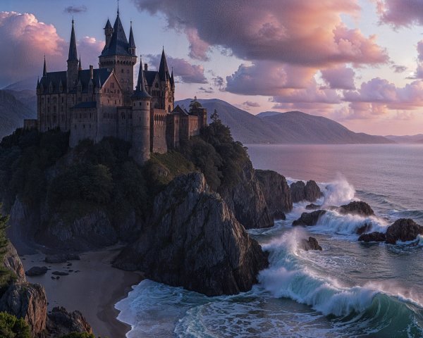Castle on Cliffs Overlooking Vibrant Coastline Sunset