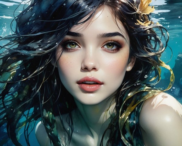 Underwater Portrait of a Young Woman with Seaweed