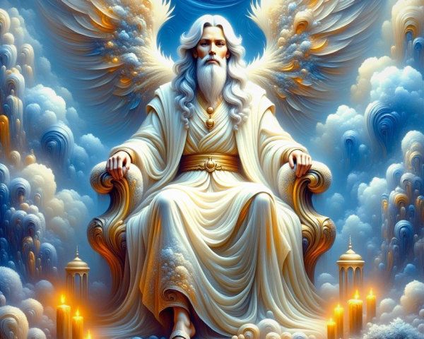 Majestic figure with wings seated on a grand throne