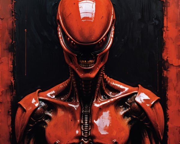 Surreal Figure with Red Exoskeleton in Dark Background