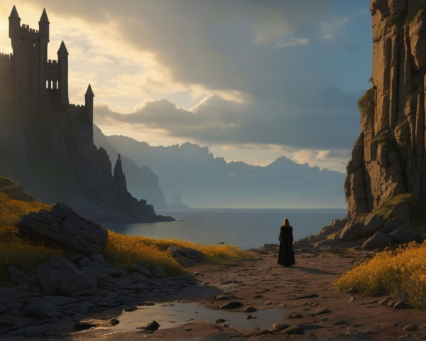 Lone Figure Overlooking Sea and Castle Landscape