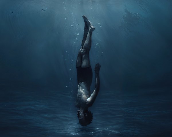 Solitary Figure Submerged in Tranquil Underwater Scene