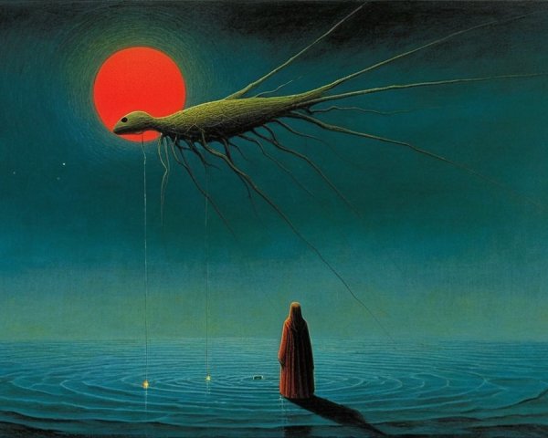Surreal landscape with cloaked figure and glowing sun