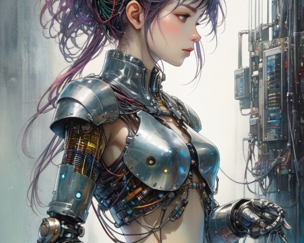Futuristic Cybernetic Figure with Metallic Armor