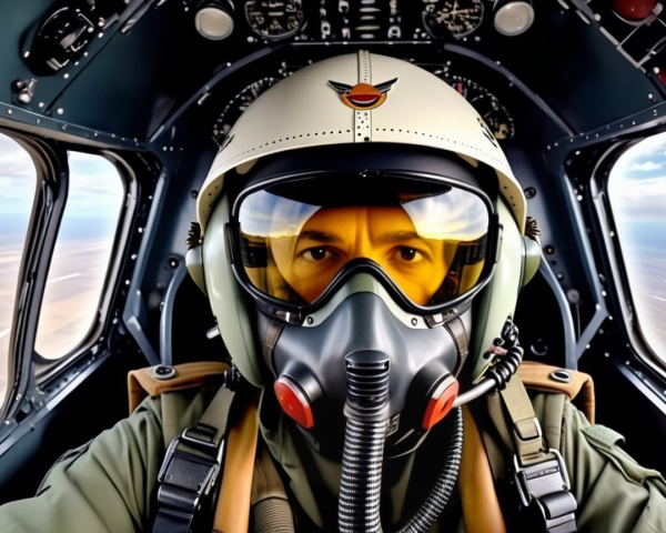 Cockpit View of Pilot with Helmet and Oxygen Mask