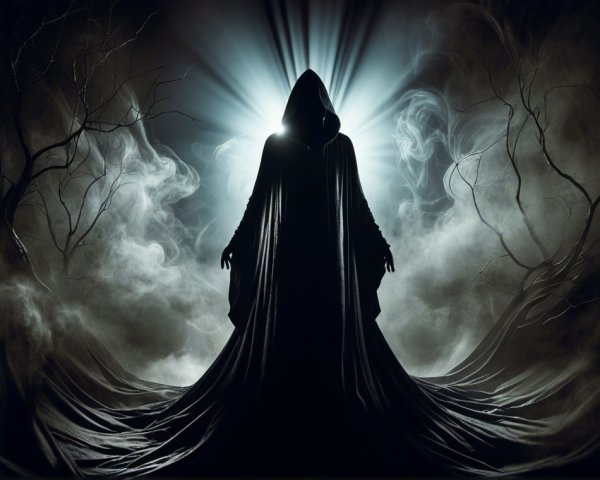 Mysterious Cloaked Figure in Ethereal Landscape