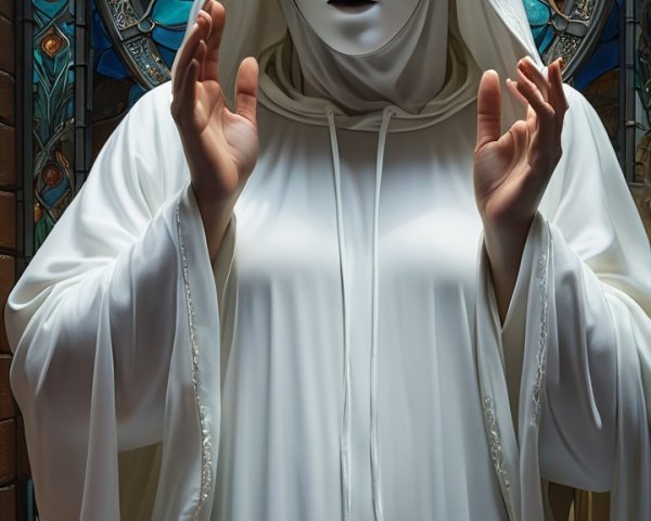 Person in Hooded Robe Before Stained Glass Window