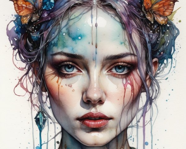 Watercolor Portrait of a Woman with Blue Eyes and Butterflies