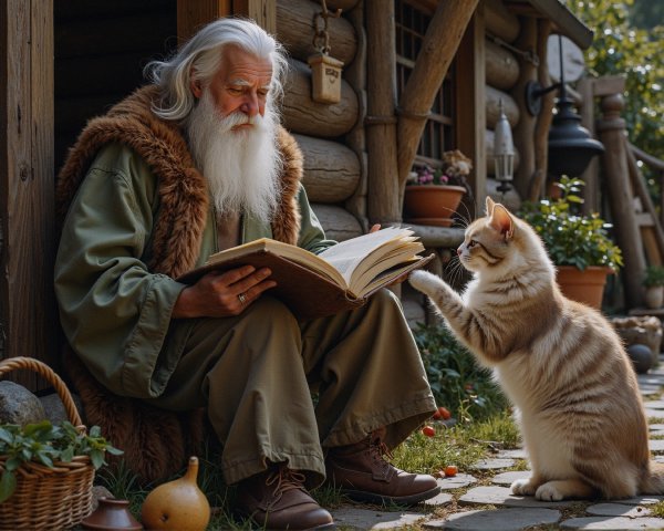 Elderly Man Reading on Rustic Porch with Cat