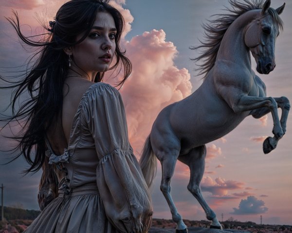 Young Woman in Vintage Dress with White Horse Under Sky
