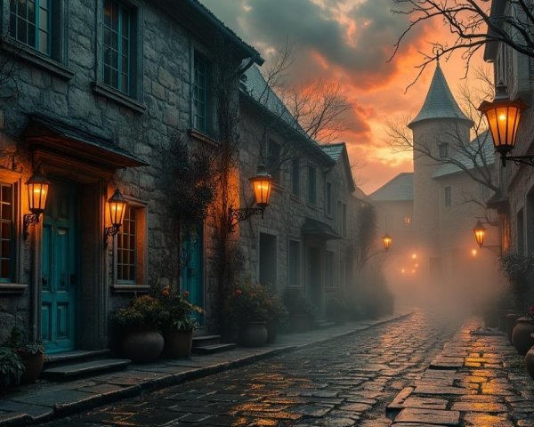 Historic Cobblestone Street at Sunset with Mist