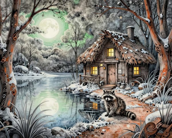 Snowy Winter Night Watercolor with Raccoon and Cottage