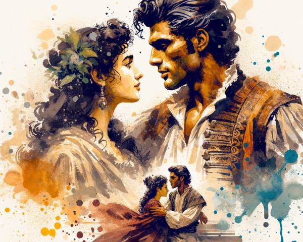 Romantic Watercolor Scene of Affectionate Couple