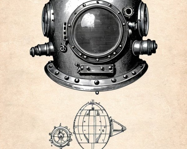 Vintage Diving Helmet Design with Blueprint Details